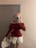 Taooba  party look inspos Winter Kawaii Sweet 2 Piece Set Woman Off Shoulder Bow Knitted Tops + Mini Cake Skirt Female Korean Fashion Casual Suit 2024 New