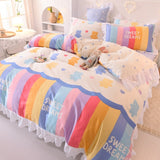 Taooba-Kawaii Rainbow Bedding Set Cotton Twin Full Queen Size Strawberry Flower Hearts Cute Fitted Bed Sheet Pillowcases Duvet Cover