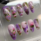 Taooba Christmas nail 24Pcs Short Round Head Pink Fake Nails with Rose Flowers leaf Pattern Wearable Almond False Nail Full Cover Press on Nails Tips