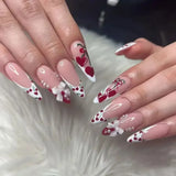 Taooba Christmas nail 24Pc Long Stiletto Press On Nails Cherry Pink French False Nails With 3D Bow Pearls Design Detachable Acrylic Fake Nail Art Tips