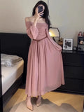 Taooba  party look inspos Autumn Sweet Elegant Long Dress With Sashes Women Casual Lantern Sleeve Slash Neck Midi Fairy Dress Female A-Line Party Vestidos