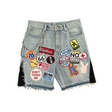 Taooba Streetwear Retro Patchwork Denim Short Y2K Jeans Men Women Hip Hop Cartoon Graphics Retro Blue Loose Denim Fitness Casual Shorts