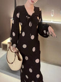 Taooba  party look inspos 2024 Autumn New Fashion Long Dress Women French Elegant Slim Lantern Sleeve V Neck Dot Midi Dresses Chic Female Casual Vestidos