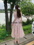 Taooba  party look inspos French Fairy Chiffon Midi Dress Women Short Sleeve Casual Boho Beach Sundress Women Pink Elegant Korean Dress 2025 Summer Chic