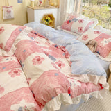 Taooba-Lovely Princess Flower Print Ruffles Bedding Set 100% Cotton Cute Girls Duvet Cover Set with Bed Sheet Kawaii Bedding Sets Soft