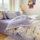 Taooba-Lovely Princess Flower Print Ruffles Bedding Set 100% Cotton Cute Girls Duvet Cover Set with Bed Sheet Kawaii Bedding Sets Soft