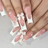 Taooba 24Pcs Long Ballerina False Nails Press on Nails Serpentine Flower with Rhinestones French Fake Nails Wearable White Nail Tips