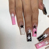 Taooba Christmas nail 24Pcs Y2K Nails Tips Long Coffin Star Designs Diamond Fake Nails Full Cover Press on Nail Clear Acrylic Stick-on Nails for Girls