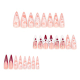 Taooba Christmas nail 24Pc Long Stiletto Press On Nails Cherry Pink French False Nails With 3D Bow Pearls Design Detachable Acrylic Fake Nail Art Tips