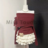 Taooba  party look inspos Winter Kawaii Sweet 2 Piece Set Woman Off Shoulder Bow Knitted Tops + Mini Cake Skirt Female Korean Fashion Casual Suit 2024 New