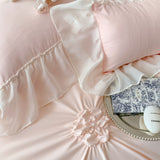 Taooba Chiffon Lace Princess Bedding Set Queen Size Pink Hand-made Pleat Pearl Ruffles Duvet Cover Bedclothes Sheet Pillowcases