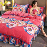 Taooba-4pcs Set Winter Warm Thicken Short Plush Bedding Set Printing Flannel Duvet Cover Flat Sheet Pillowcase King Queen Bedding Set