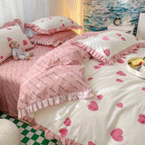 Taooba-Lovely Princess Flower Print Ruffles Bedding Set 100% Cotton Cute Girls Duvet Cover Set with Bed Sheet Kawaii Bedding Sets Soft