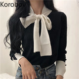 Taooba  party look inspos Korobov Korean Lacing Bow Sweet Women Pullovers Hit Color Basic Long Sleeve Female Sweaters Elegant Patchwork Sueter Mujer 79063