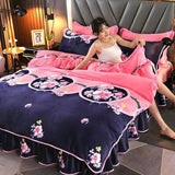 Taooba-4pcs Set Winter Warm Thicken Short Plush Bedding Set Printing Flannel Duvet Cover Flat Sheet Pillowcase King Queen Bedding Set