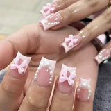 Taooba Christmas Nail  24Pcs Long Ballet False Nails Glitter White Flower  with French Design Wearable Fake Nails Butterfly Press on Nail Tips Art