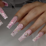 Taooba 24Pcs Long Coffin False Nails Butterfly Ballet with Rhinestone French Fake Nails Wearable Press on Nails Full Cover Nail Tips