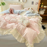 Taooba Kawaii Pastel Plaid Ruffle Bedding Set