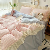 Taooba Kawaii Pastel Plaid Ruffle Bedding Set