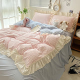 Taooba Kawaii Pastel Plaid Ruffle Bedding Set