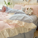 Taooba Kawaii Pastel Plaid Ruffle Bedding Set