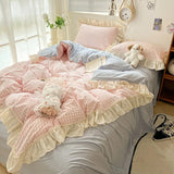 Taooba Kawaii Pastel Plaid Ruffle Bedding Set