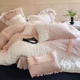 Taooba Pink Gingham with Bow Ruched Bedding Set