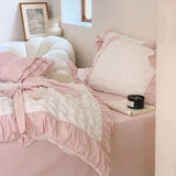 Taooba Pink Ruched Bow Waffle Texture Bedding Set