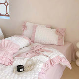 Taooba Pink Ruched Bow Waffle Texture Bedding Set