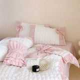 Taooba Pink Ruched Bow Waffle Texture Bedding Set