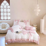 Taooba Pink Ruched Bow Waffle Texture Bedding Set