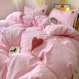 Taooba Pink Washed Cotton Bedding Set With Red Embroidered Heart