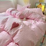 Taooba Pink Washed Cotton Bedding Set With Red Embroidered Heart