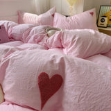 Taooba Pink Washed Cotton Bedding Set With Red Embroidered Heart