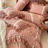 Taooba Red Tartan Plaid Ruffle Bedding Set