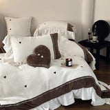 Taooba Velvet Heart Embroidery Ruffle Bedding Set - Chocolate Brown