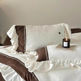 Taooba Velvet Heart Embroidery Ruffle Bedding Set - Chocolate Brown