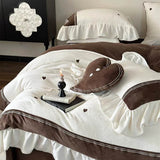 Taooba Velvet Heart Embroidery Ruffle Bedding Set - Chocolate Brown