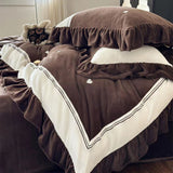 Taooba Velvet Heart Embroidery Ruffle Bedding Set - Chocolate Brown