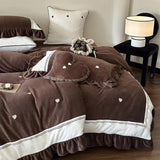 Taooba Velvet Heart Embroidery Ruffle Bedding Set - Chocolate Brown