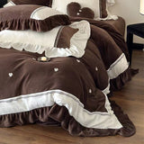 Taooba Velvet Heart Embroidery Ruffle Bedding Set - Chocolate Brown