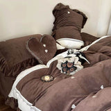 Taooba Velvet Heart Embroidery Ruffle Bedding Set - Chocolate Brown