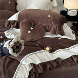 Taooba Velvet Heart Embroidery Ruffle Bedding Set - Chocolate Brown