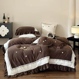 Taooba Velvet Heart Embroidery Ruffle Bedding Set - Chocolate Brown