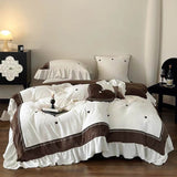 Taooba Velvet Heart Embroidery Ruffle Bedding Set - Chocolate Brown