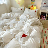 Taooba White Washed Cotton Bedding Set With Red Embroidered Heart