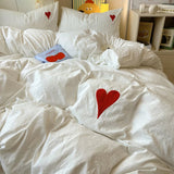 Taooba White Washed Cotton Bedding Set With Red Embroidered Heart