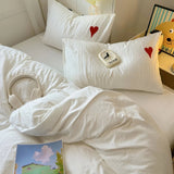 Taooba White Washed Cotton Bedding Set With Red Embroidered Heart