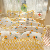 Taooba-Yellow Flowers Kawaii Checkered Bedding Set