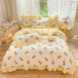 Taooba-Yellow Flowers Kawaii Checkered Bedding Set